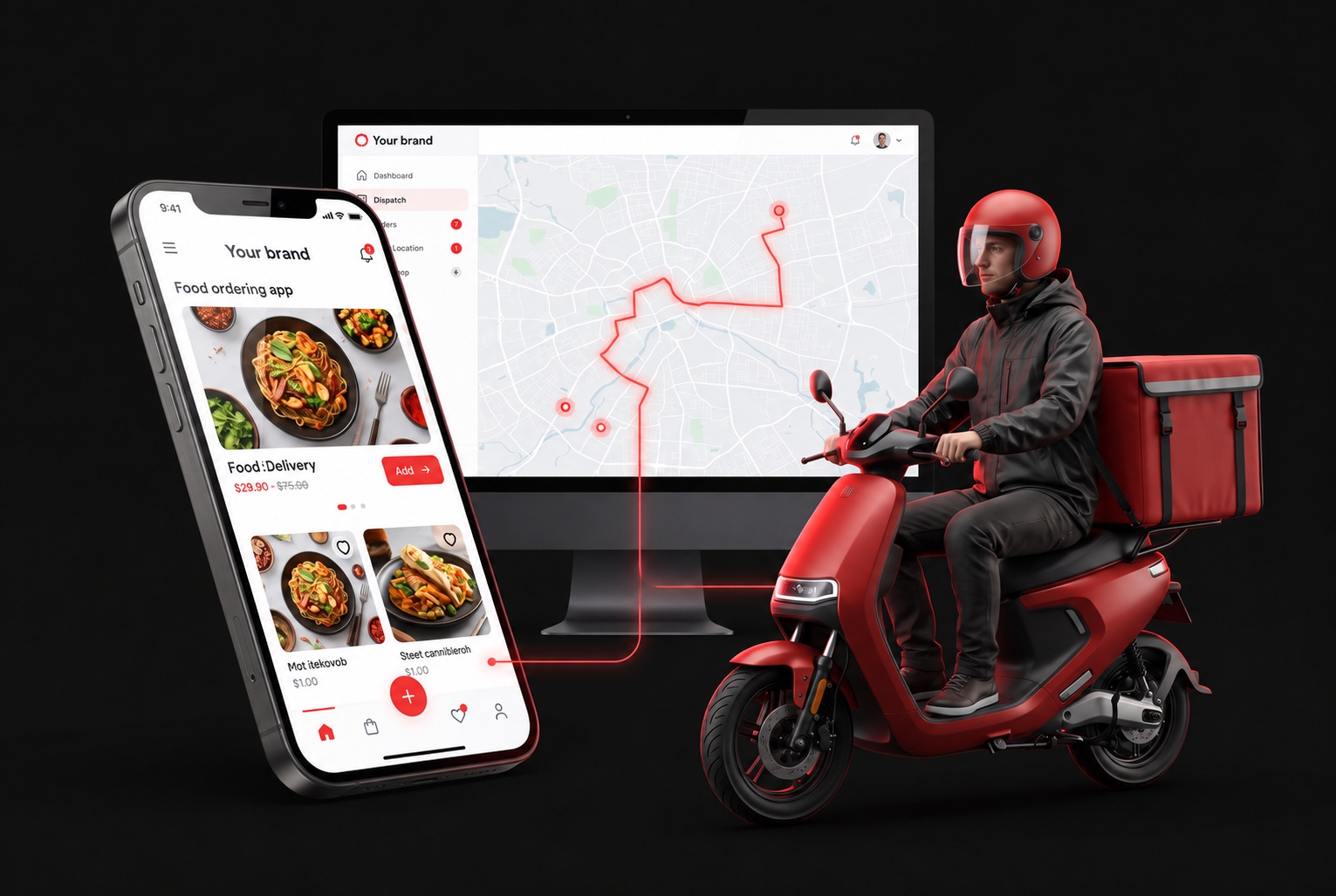 Light-mode Your brand ordering app and dispatch dashboard connected to a delivery rider