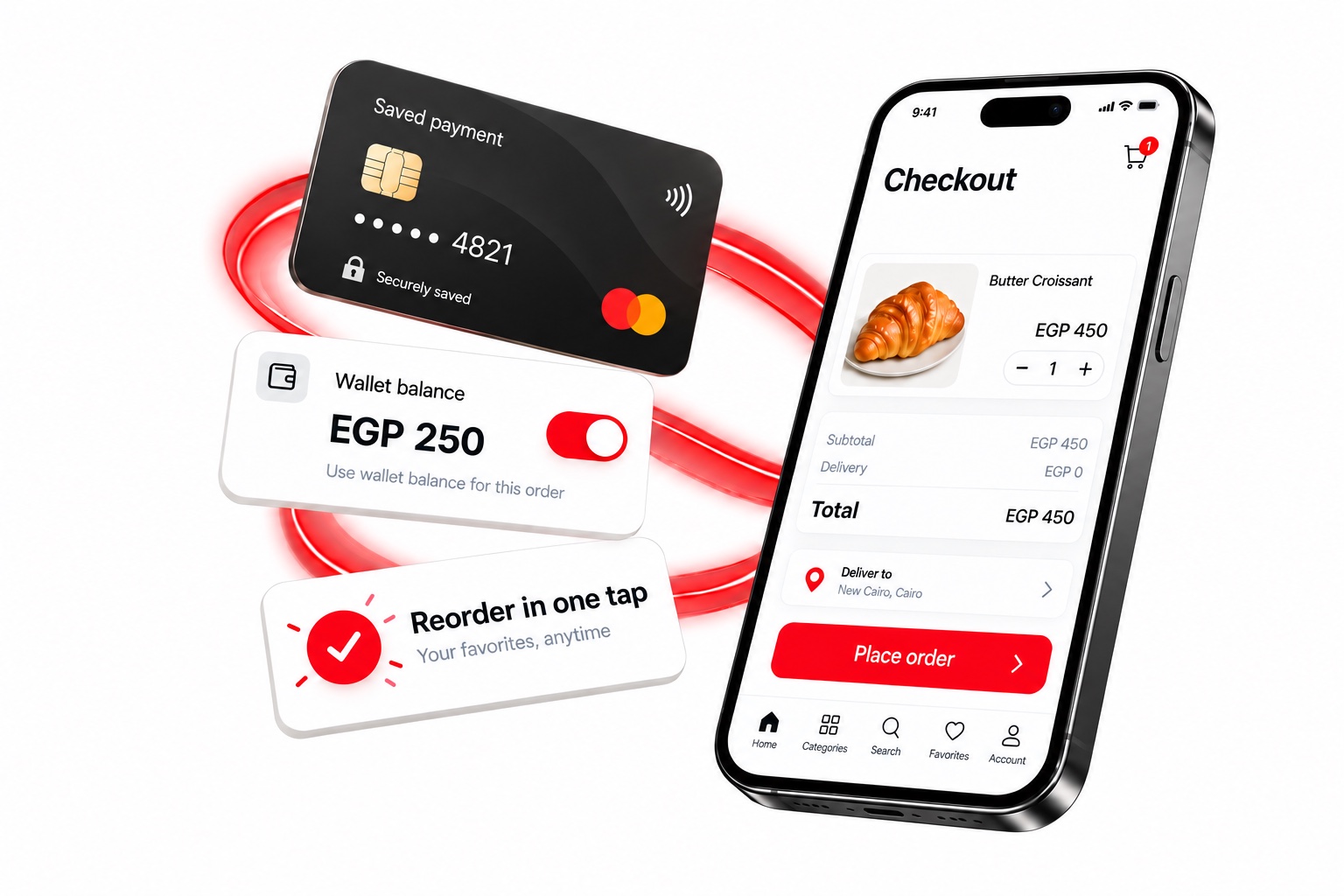 Full payment experience with saved card, wallet and one-tap reorder