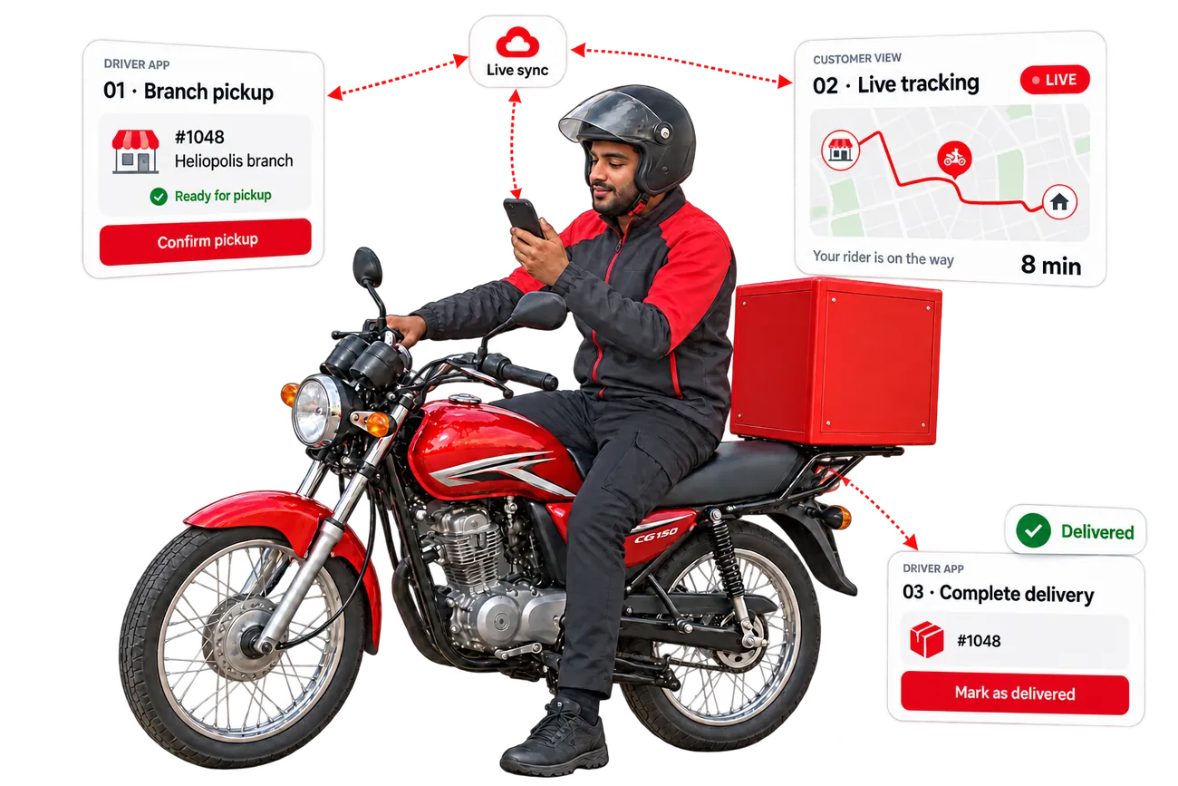 Complete Orderbase driver workflow: branch pickup, customer tracking and confirmed delivery